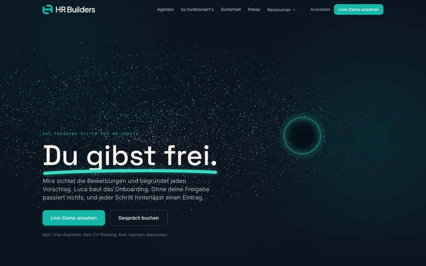 Screenshot der HR-Builders-Startseite mit der Headline „Du gibst frei.“